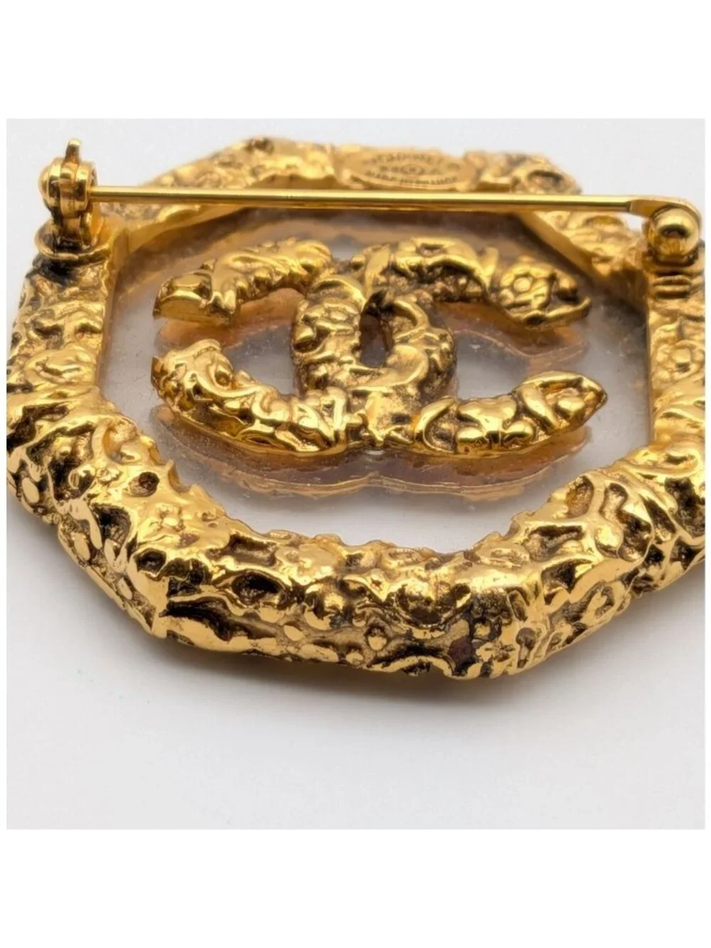Chanel Brooch CC Logo Lava Gold Clear Vintage